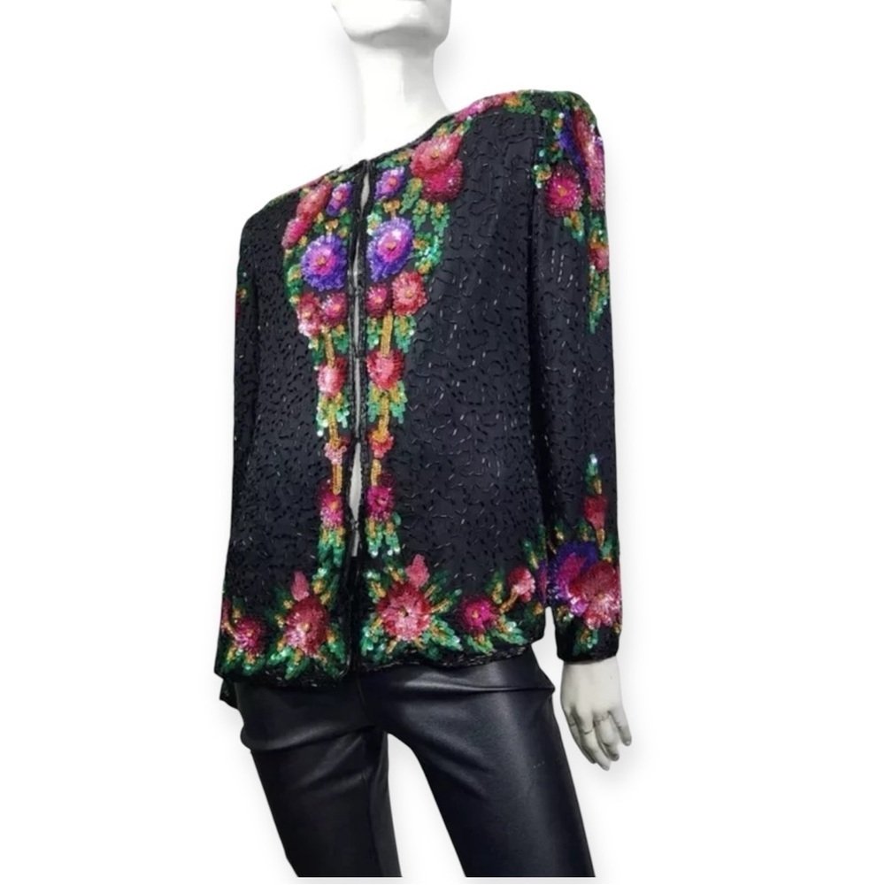 Vintage Laurence Kazar Black Silk Sequin Jacket Beaded Floral Size XL 80’s 90’s